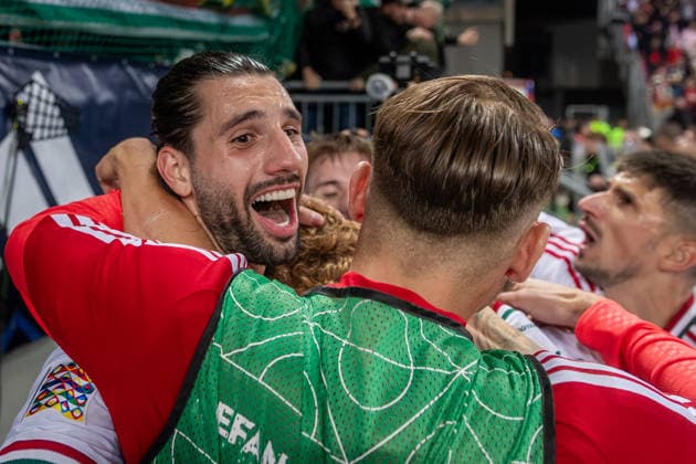 UKRAINE - HUNGARY Dominik Szoboszlai of Hungary and Liverpool celebrates a goal of Mark Csinger of Hungary and Groningen during UEFA Nations League - League B - Group B2 - Matchday 4 - football match between Ukraine and Hungary. Anton Malatinsky Stadium, City Arena, Trnava, Slovakia, October 05, 2026. Photo by Branislav Racko Copyright: xx _BRR0873