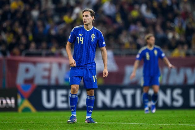 261005 Hampus Skoglund of Sweden during the Nations League football match between Romania and Sweden on October 5, 2026 in Bucharest. Photo: Ludvig Thunman BILDBYRAN kod LT LT0828 fotboll football soccer fotball nations league uefa nations league rumänien romania sverige sweden sverige a bbeng Copyright: LUDVIGxTHUNMAN BB261005LT146