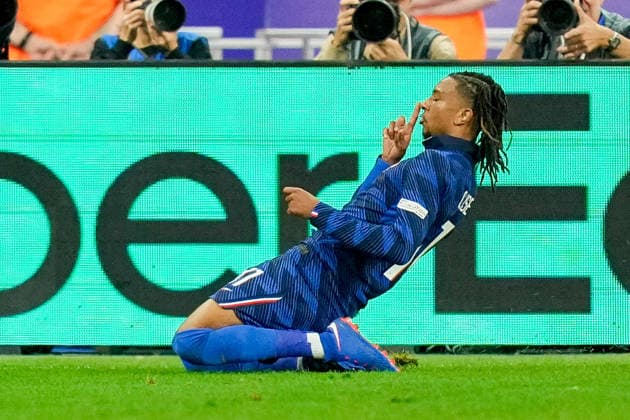 Michael Olise (France) celebrates after scoring his team s fourth goal during the UEFA Nations League 2026 27 group phase match between France and Belgium at Stade de France on October 5, 2026 in Paris, France. (Photo by Alex Gottschalk DeFodi Images) -
