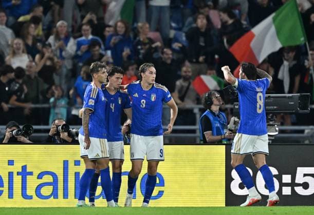 Italy v Turkiye - UEFA Nations League ?????? BOLOGNA, ITALY, OCTOBER 05: Players of Italy celebrate after scoring a goal during the UEFA Nations League Group A1 League phase football match between Italy and Turkiye at the Renato Dall’Ara stadium in Bologna, Italy, on October 05, 2026. Mustafa Yalcin Anadolu Bologna Italy. Editorial use only. Please get in touch for any other usage.  Copyright: x2026xAnadoluxMustafaxYalcinx