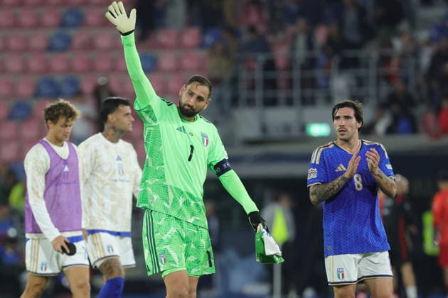 5th October 2026; Stadio Renato DallAra, Bologna, Italy; UEFA Nations League Football, Italy versus Turkey; Gianluigi Donnarumma of Italy and Sandro Tonali of Italy celebrates their victory at the end of the match EmanuelexPennacchio