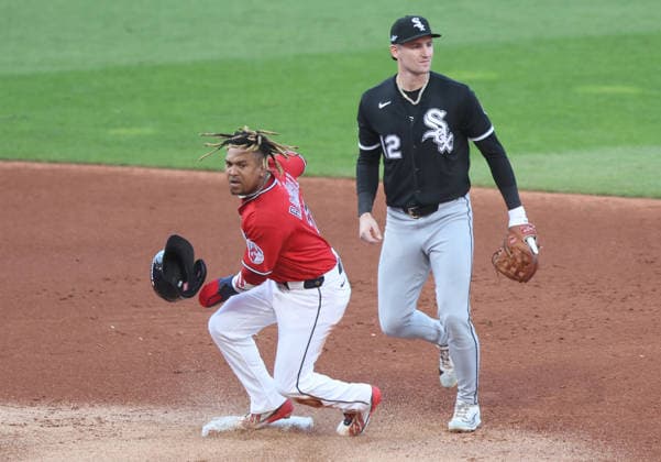 Cleveland Guardians Jose Ramirez (11) is safe at second base on a fielders choice against the Chicago White Sox in the first inning of an MLB, Baseball Herren, USA American League Division Series playoff game at Progressive Field in Cleveland, Ohio, on Monday, October 5, 2026.  CLE20261005703 AARONxJOSEFCZYK