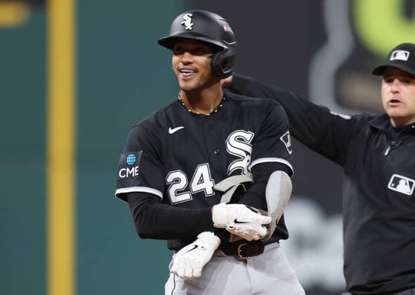 Chicago White Sox Braden Montgomery (24) stands on second base after hitting a two-rbi double against the Cleveland Guardians in the sixth inning in an MLB, Baseball Herren, USA American League Division Series playoff game at Progressive Field in Cleveland, Ohio, on Monday, October 5, 2026.  CLE20261005722 AARONxJOSEFCZYK