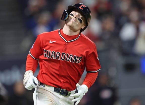 Cleveland Guardians Travis Bazzana (37) reacts after flying out to Chicago White Sox center fielder Brenton Doyle in the seventh inning in an MLB, Baseball Herren, USA American League Division Series playoff game at Progressive Field in Cleveland, Ohio, on Monday, October 5, 2026.  CLE20261005726 AARONxJOSEFCZYK