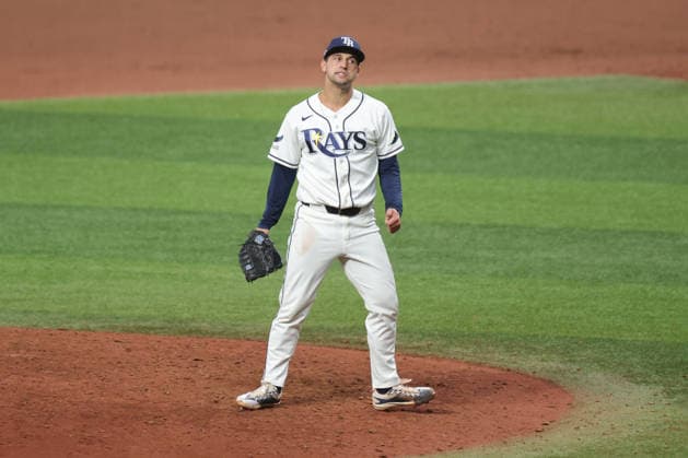 October 5, 2026, St. Petersburg, Florida, USA: Tampa Bay Rays pitcher IAN SEYMOUR (61) reacts after a strike out to end the inning in game 2 of the American League Division Series against the New York Yankees. The Tampa Bay Rays hosted the New York Yankees the at Tropicana Field in St. Petersburg, FL. MLB, Baseball Herren, USA 2026: Tampa Bay Rays 5:2 New York Yankees  - ZUMAm299 20261005_znp_m299_012 Copyright: xTaylorxMcFeex
