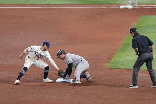October 5, 2026, St. Petersburg, Florida, USA: New York Yankees catcher AUSTIN WELLS (28) slides into second base after hitting a double in game 2 of the American League Division Series against the Tampa Bay Rays. The Tampa Bay Rays hosted the New York Yankees the at Tropicana Field in St. Petersburg, FL. St. Petersburg USA - ZUMAm299 20261005_znp_m299_020 Copyright: xTaylorxMcFeex