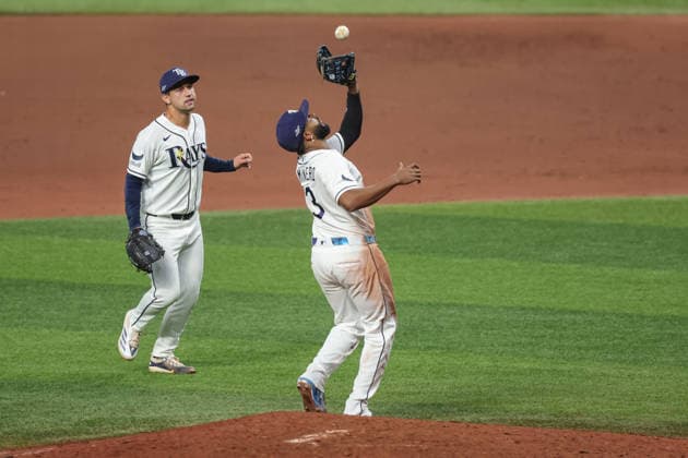 October 5, 2026, St. Petersburg, Florida, USA: Tampa Bay Rays third baseman JUNIOR CAMINERO (13) catches a pop fly in game 2 of the American League Division Series against the New York Yankees. The Tampa Bay Rays hosted the New York Yankees the at Tropicana Field in St. Petersburg, FL. MLB, Baseball Herren, USA 2026: Tampa Bay Rays 5:2 New York Yankees  - ZUMAm299 20261005_znp_m299_018 Copyright: xTaylorxMcFeex
