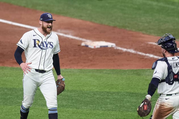 October 5, 2026, St. Petersburg, Florida, USA: Tampa Bay Rays pitcher BRYAN BAKER (47) reacts after closing game 2 of the American League Division Series against the New York Yankees. The Tampa Bay Rays hosted the New York Yankees the at Tropicana Field in St. Petersburg, FL. MLB, Baseball Herren, USA 2026: Tampa Bay Rays 5:2 New York Yankees  - ZUMAm299 20261005_znp_m299_038 Copyright: xTaylorxMcFeex