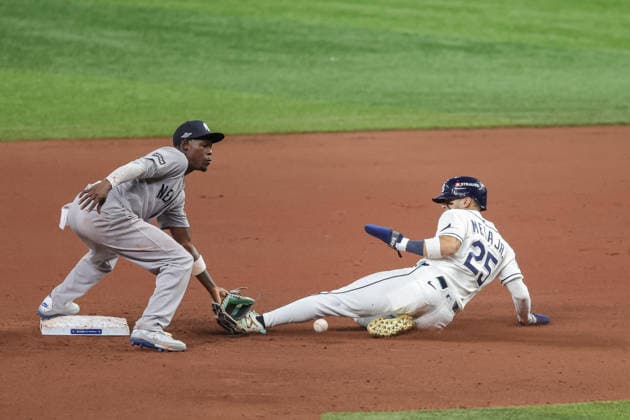 October 5, 2026, St. Petersburg, Florida, USA: Tampa Bay Rays right fielder VICTOR MESA JR. (25) slides into second base during game 2 of the American League Division Series against the New York Yankees. The Tampa Bay Rays hosted the New York Yankees the at Tropicana Field in St. Petersburg, FL. St. Petersburg USA - ZUMAm299 20261005_znp_m299_039 Copyright: xTaylorxMcFeex