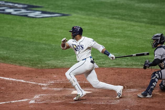 October 5, 2026, St. Petersburg, Florida, USA: Tampa Bay Rays designated hitter YANDY DoÂAZ (2) hits a single in game 2 of the American League Division Series against the New York Yankees. The Tampa Bay Rays hosted the New York Yankees the at Tropicana Field in St. Petersburg, FL. MLB, Baseball Herren, USA 2026: Tampa Bay Rays 5:2 New York Yankees  - ZUMAm299 20261005_znp_m299_053 Copyright: xTaylorxMcFeex