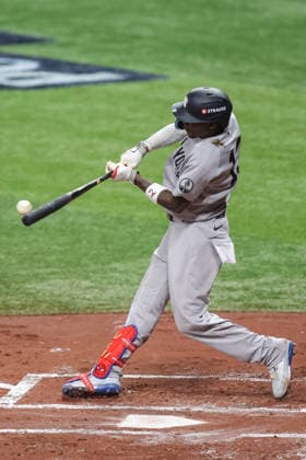 October 5, 2026, St. Petersburg, Florida, USA: New York Yankees second baseman JAZZ CHISHOLM JR. (13) hits the ball during game 2 of the American League Division Series against the Tampa Bay Rays. The Tampa Bay Rays hosted the New York Yankees the at Tropicana Field in St. Petersburg, FL. MLB, Baseball Herren, USA 2026: Tampa Bay Rays 5:2 New York Yankees  - ZUMAm299 20261005_znp_m299_055 Copyright: xTaylorxMcFeex