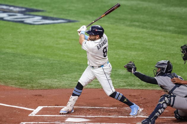 October 5, 2026, St. Petersburg, Florida, USA: Tampa Bay Rays first baseman JONATHAN ARANDA (8) at the plate during game 2 of the American League Division Series against the New York Yankees. The Tampa Bay Rays hosted the New York Yankees the at Tropicana Field in St. Petersburg, FL. St. Petersburg USA - ZUMAm299 20261005_znp_m299_051 Copyright: xTaylorxMcFeex