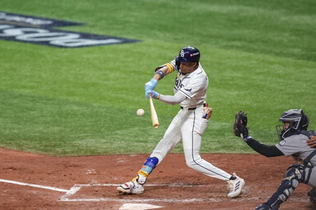 October 5, 2026, St. Petersburg, Florida, USA: Tampa Bay Rays left fielder CHANDLER SIMPSON (14) hits a single to left field during the third inning of game 2 of the American League Division Series against the New York Yankees. The Tampa Bay Rays hosted the New York Yankees the at Tropicana Field in St. Petersburg, FL. St. Petersburg USA - ZUMAm299 20261005_znp_m299_058 Copyright: xTaylorxMcFeex