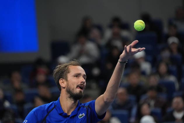 (261006) -- BEIJING, Oct. 6, 2026 -- Daniil Medvedev serves during the men s singles semifinal match between Daniil Medvedev of Russia and Novak Djokovic of Serbia at 2026 China Open tennis tournament in Beijing, China, Oct. 5, 2026. ) (SP)CHINA-BEIJING-TENNIS-CHINA OPEN-MEN S SINGLES(CN) XiexHan 