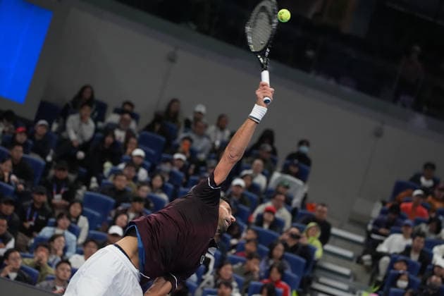 (261006) -- BEIJING, Oct. 6, 2026 -- Novak Djokovic serves during the men s singles semifinal match between Daniil Medvedev of Russia and Novak Djokovic of Serbia at 2026 China Open tennis tournament in Beijing, China, Oct. 5, 2026. ) (SP)CHINA-BEIJING-TENNIS-CHINA OPEN-MEN S SINGLES(CN) XiexHan 