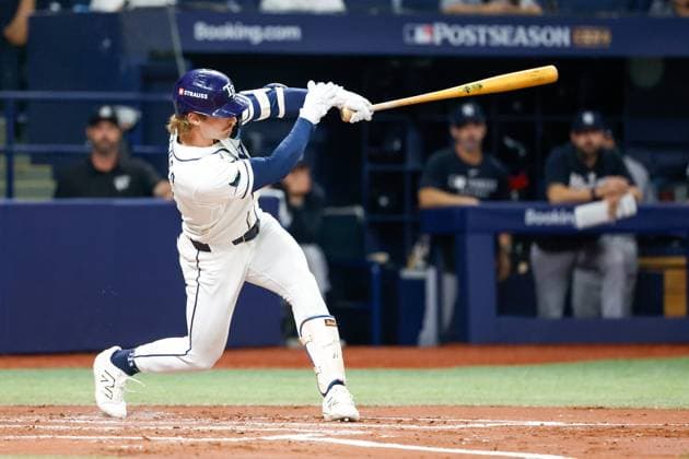 October 5, 2026, St. Petersburg, Florida, USA: Tampa Bay Rays center fielder Jonny DeLuca (21) hits a double off of New York Yankees pitcher Cam Schlittler (31) during the second inning at Tropicana Field on Monday, Oct. 5, 2026, in St. Petersburg. Florida News - October 5, 2026  - ZUMAs70_ 0868669290st Copyright: xJeffereexWoox