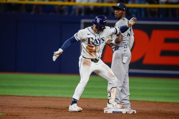 October 5, 2026, St. Petersburg, Florida, USA: Tampa Bay Rays center fielder Jonny DeLuca (21) celebrates, after he hits a double off of New York Yankees pitcher Cam Schlittler (31) during the second inning at Tropicana Field on Monday, Oct. 5, 2026, in St. Petersburg. Florida News - October 5, 2026  - ZUMAs70_ 0868669291st Copyright: xJeffereexWoox