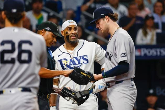 October 5, 2026, St. Petersburg, Florida, USA: Tampa Bay Rays designated hitter Yandy DoÂ­az (2) looks at New York Yankees pitcher Cam Schlittler (31), after he almost gets hit by a pitch from him during the second inning at Tropicana Field on Monday, Oct. 5, 2026, in St. Petersburg. Florida News - October 5, 2026  - ZUMAs70_ 0868669294st Copyright: xJeffereexWoox