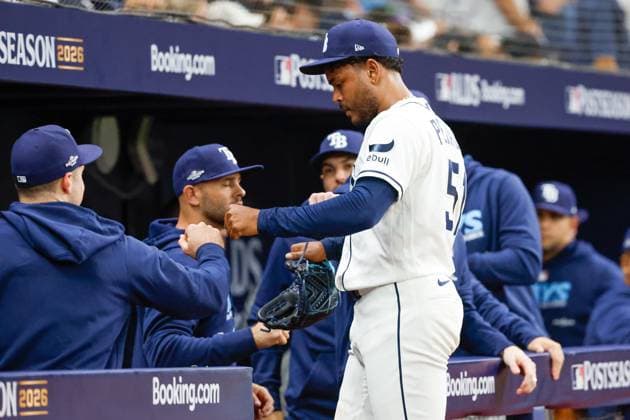 October 5, 2026, St. Petersburg, Florida, USA: Tampa Bay Rays pitcher Freddy Peralta (51) receives fist bumps from teammates, after he retires the New York Yankees during the first inning at Tropicana Field on Monday, Oct. 5, 2026, in St. Petersburg. Florida News - October 5, 2026  - ZUMAs70_ 0868669360st Copyright: xJeffereexWoox