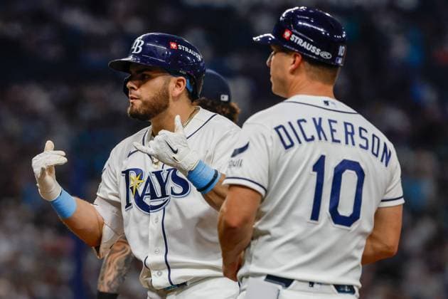 October 5, 2026, St. Petersburg, Florida, USA: Tampa Bay Rays first baseman Jonathan Aranda (8) celebrates, after he hits a single off of New York Yankees pitcher Cam Schlittler (31) during the first inning at Tropicana Field on Monday, Oct. 5, 2026, in St. Petersburg. Florida News - October 5, 2026  - ZUMAs70_ 0868669363st Copyright: xJeffereexWoox