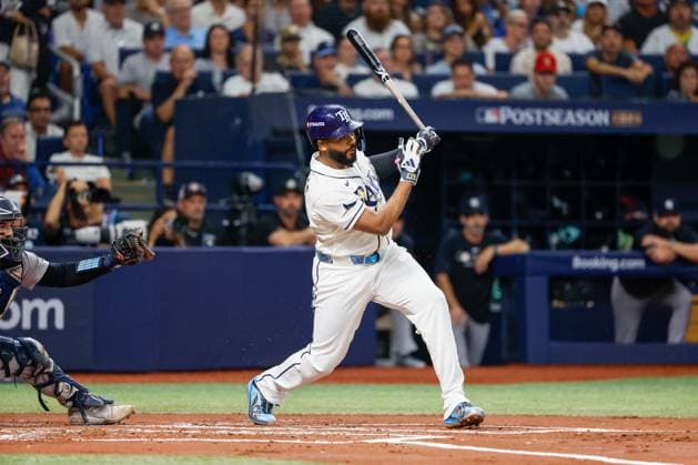 October 5, 2026, St. Petersburg, Florida, USA: Tampa Bay Rays third baseman Junior Caminero (13) hits a pitch off of New York Yankees pitcher Cam Schlittler (31), which drives in designated hitter Yandy DoÂ­az (2) during the first inning at Tropicana Field on Monday, Oct. 5, 2026, in St. Petersburg. Florida News - October 5, 2026  - ZUMAs70_ 0868669364st Copyright: xJeffereexWoox