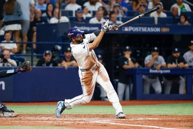 October 5, 2026, St. Petersburg, Florida, USA: Tampa Bay Rays third baseman Junior Caminero (13) hits a single off of New York Yankees pitcher Cam Schlittler (31) during the third inning at Tropicana Field on Monday, Oct. 5, 2026, in St. Petersburg. Florida News - October 5, 2026  - ZUMAs70_ 0868669366st Copyright: xJeffereexWoox