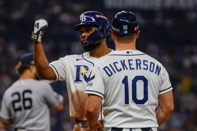 October 5, 2026, St. Petersburg, Florida, USA: Tampa Bay Rays third baseman Junior Caminero (13) celebrates, after he hits a single off of New York Yankees pitcher Cam Schlittler (31) during the third inning at Tropicana Field on Monday, Oct. 5, 2026, in St. Petersburg. Florida News - October 5, 2026  - ZUMAs70_ 0868669367st Copyright: xJeffereexWoox