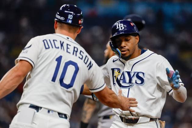 October 5, 2026, St. Petersburg, Florida, USA: Tampa Bay Rays left fielder Chandler Simpson (14) celebrates, after he hits a single off of New York Yankees pitcher Cam Schlittler (31) during the third inning at Tropicana Field on Monday, Oct. 5, 2026, in St. Petersburg. Florida News - October 5, 2026  - ZUMAs70_ 0868669661st Copyright: xJeffereexWoox