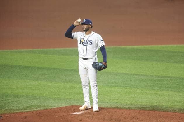 October 5, 2026, St. Petersburg, Florida, USA: Tampa Bay Rays pitcher Freddy Peralta (51) watches as New York Yankees designated hitter Ben Rice (22) makes closes out a home run during the fourth inning of the American League Division Series: Game 2 at Tropicana Field on Monday, Oct. 5, 2026, in St. Petersburg. Florida News - October 5, 2026  - ZUMAs70_ 0868670103st Copyright: xDouglasxR.xCliffordx