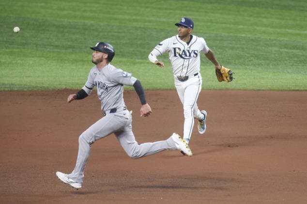 October 5, 2026, St. Petersburg, Florida, USA: New York Yankees left fielder Cody Bellinger (35) is out at second on a toss to second by Tampa Bay Rays second baseman Richie Palacios (1) during the fourth inning of the American League Division Series: Game 2 at Tropicana Field on Monday, Oct. 5, 2026, in St. Petersburg. Florida News - October 5, 2026  - ZUMAs70_ 0868670107st Copyright: xDouglasxR.xCliffordx
