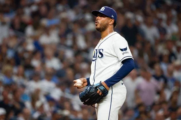 October 5, 2026, St. Petersburg, Florida, USA: Tampa Bay Rays pitcher Freddy Peralta (51) reacts, after he gives up a double to New York Yankees catcher Austin Wells (28) during the fifth inning at Tropicana Field on Monday, Oct. 5, 2026, in St. Petersburg. Florida News - October 5, 2026  - ZUMAs70_ 0868675063st Copyright: xJeffereexWoox