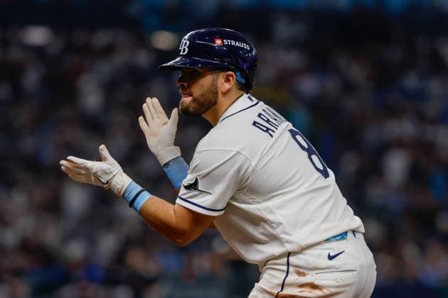 October 5, 2026, St. Petersburg, Florida, USA: Tampa Bay Rays first baseman Jonathan Aranda (8) celebrates, after he hits a single off of New York Yankees pitcher Cam Schlittler (31) during the fifth inning at Tropicana Field on Monday, Oct. 5, 2026, in St. Petersburg. Florida News - October 5, 2026  - ZUMAs70_ 0868675329st Copyright: xJeffereexWoox