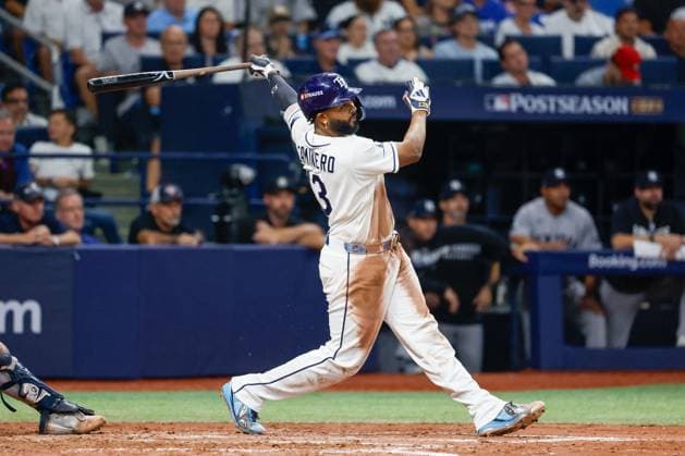 October 5, 2026, St. Petersburg, Florida, USA: Tampa Bay Rays third baseman Junior Caminero (13) hits a double off of New York Yankees pitcher Cam Schlittler (31) during the fifth inning at Tropicana Field on Monday, Oct. 5, 2026, in St. Petersburg. Florida News - October 5, 2026  - ZUMAs70_ 0868675331st Copyright: xJeffereexWoox