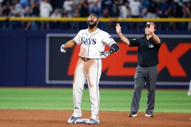 October 5, 2026, St. Petersburg, Florida, USA: Tampa Bay Rays third baseman Junior Caminero (13) celebrates, after he hits a double off of New York Yankees pitcher Cam Schlittler (31) during the fifth inning at Tropicana Field on Monday, Oct. 5, 2026, in St. Petersburg. Florida News - October 5, 2026  - ZUMAs70_ 0868675335st Copyright: xJeffereexWoox