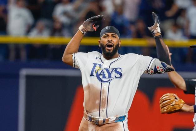 October 5, 2026, St. Petersburg, Florida, USA: Tampa Bay Rays third baseman Junior Caminero (13) celebrates, after he hits a double off of New York Yankees pitcher Cam Schlittler (31) during the fifth inning at Tropicana Field on Monday, Oct. 5, 2026, in St. Petersburg. Florida News - October 5, 2026  - ZUMAs70_ 0868675344st Copyright: xJeffereexWoox