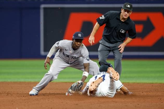 October 5, 2026, St. Petersburg, Florida, USA: Tampa Bay Rays left fielder Chandler Simpson (14) safely steals second base, while New York Yankees second baseman Jazz Chisholm Jr. (13) attempts to tag him out during the fifth inning at Tropicana Field on Monday, Oct. 5, 2026, in St. Petersburg. Florida News - October 5, 2026  - ZUMAs70_ 0868675604st Copyright: xJeffereexWoox