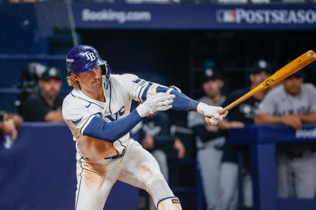 October 5, 2026, St. Petersburg, Florida, USA: Tampa Bay Rays center fielder Jonny DeLuca (21) hits a pitch thrown by New York Yankees pitcher Brent Headrick (47) during the fifth inning at Tropicana Field on Monday, Oct. 5, 2026, in St. Petersburg. Florida News - October 5, 2026  - ZUMAs70_ 0868675610st Copyright: xJeffereexWoox