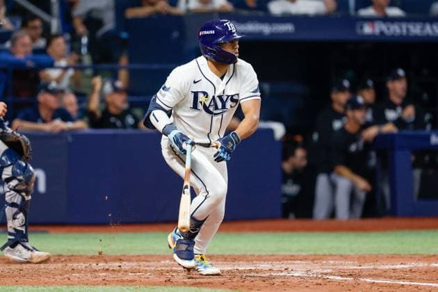 October 5, 2026, St. Petersburg, Florida, USA: Tampa Bay Rays second baseman Richie Palacios (1) hits a two-run RBI single off of New York Yankees pitcher Brent Headrick (47) during the fifth inning at Tropicana Field on Monday, Oct. 5, 2026, in St. Petersburg. Florida News - October 5, 2026  - ZUMAs70_ 0868675629st Copyright: xJeffereexWoox