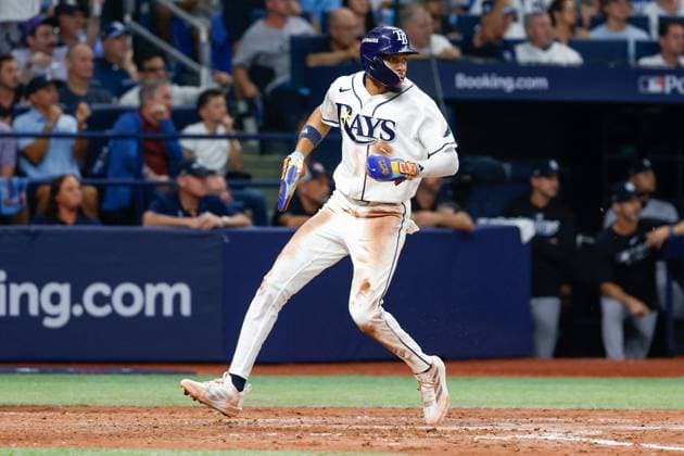 October 5, 2026, St. Petersburg, Florida, USA: Tampa Bay Rays left fielder Chandler Simpson (14) touches home plate and scores against the New York Yankees during the fifth inning at Tropicana Field on Monday, Oct. 5, 2026, in St. Petersburg. Florida News - October 5, 2026  - ZUMAs70_ 0868675631st Copyright: xJeffereexWoox