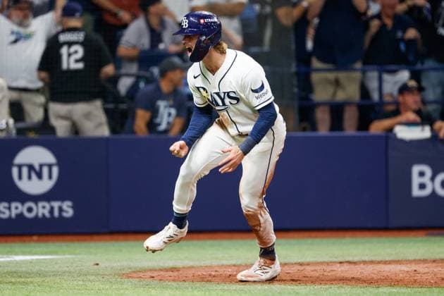 October 5, 2026, St. Petersburg, Florida, USA: Tampa Bay Rays center fielder Jonny DeLuca (21) reacts, after he slides into home plate and scores against the New York Yankees during the fifth inning at Tropicana Field on Monday, Oct. 5, 2026, in St. Petersburg. Florida News - October 5, 2026  - ZUMAs70_ 0868675636st Copyright: xJeffereexWoox