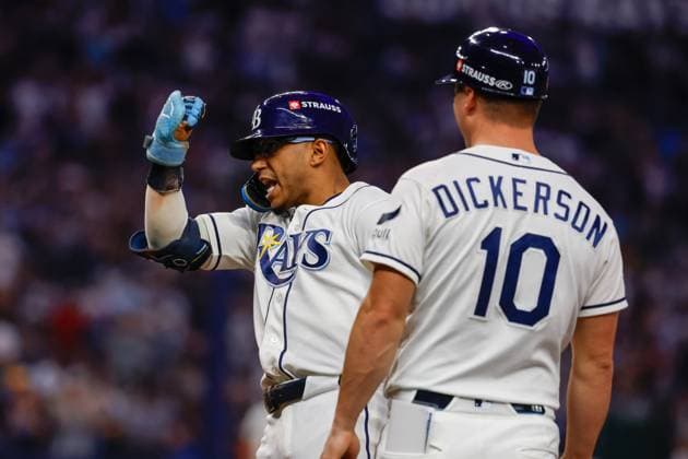 October 5, 2026, St. Petersburg, Florida, USA: Tampa Bay Rays second baseman Richie Palacios (1) celebrates, after he hits a two-run RBI single off of New York Yankees pitcher Brent Headrick (47) during the fifth inning at Tropicana Field on Monday, Oct. 5, 2026, in St. Petersburg. Florida News - October 5, 2026  - ZUMAs70_ 0868675637st Copyright: xJeffereexWoox