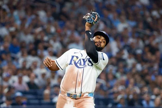 October 5, 2026, St. Petersburg, Florida, USA: Tampa Bay Rays third baseman Junior Caminero (13) catches a pop fly hit by New York Yankees left fielder Cody Bellinger (35) for an out during the eighth inning at Tropicana Field on Monday, Oct. 5, 2026, in St. Petersburg. Florida News - October 5, 2026  - ZUMAs70_ 0868677794st Copyright: xJeffereexWoox