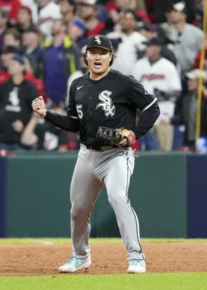 Baseball: Division Series between White Sox and Guardians Munetaka Murakami of the Chicago White Sox reacts after a victory over the Cleveland Guardians in Game 2 of the American League Division Series at Progressive Field in Cleveland, Ohio, on Oct. 5, 2026.  A14AA0005630234P