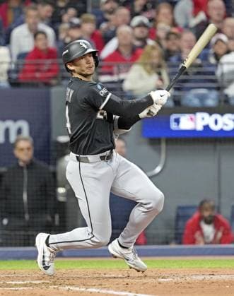 Baseball: Division Series between White Sox and Guardians Braden Montgomery of the Chicago White Sox hits a two-run double in the sixth inning of Game 2 of the American League Division Series against the Cleveland Guardians at Progressive Field in Cleveland, Ohio, on Oct. 5, 2026.  A14AA0005630253P