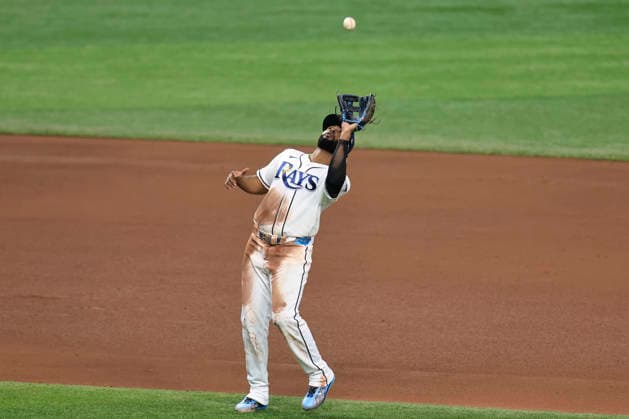 October 5, 2026, St. Petersburg, Florida, USA: Tampa Bay Rays third baseman Junior Caminero (13) catches a pop up off the bat of New York Yankees first baseman Luis GarcoÂ­a Jr. (26) during game two of the ALDS for the 2026 MLB, Baseball Herren, USA Playoffs on October 5, 2026 at Tropicana Field. The Rays beat the Yankees 5-2. St. Petersburg USA - ZUMAh180 20261005_zsp_h180_023 Copyright: xKimxHukarix