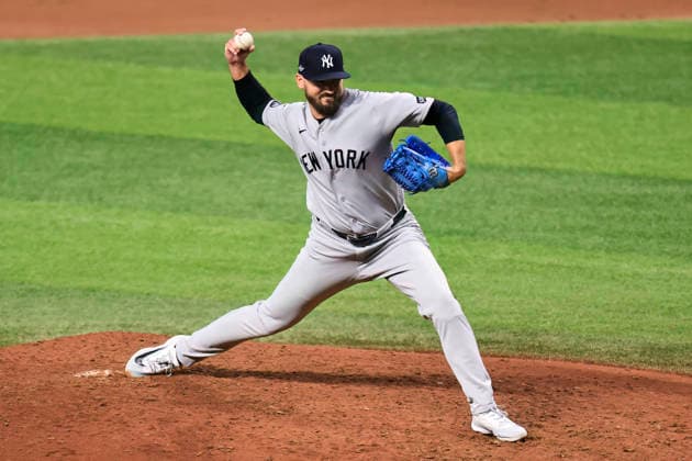 October 5, 2026, St. Petersburg, Florida, USA: New York Yankees pitcher John Schreiber (56) delivers a pitch during game two of the ALDS for the 2026 MLB, Baseball Herren, USA Playoffs against the Tampa Bay Rays on October 5, 2026 at Tropicana Field. The Rays beat the Yankees 5-2. MLB 2026: ALDS Game 2 Tampa Bay Rays 5 : 2 New York Yankees  - ZUMAh180 20261005_zsp_h180_072 Copyright: xKimxHukarix