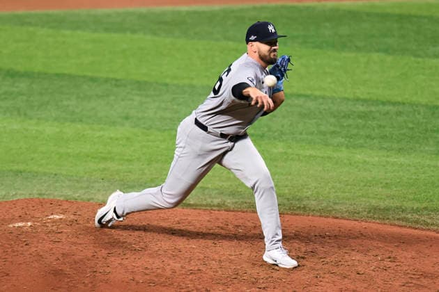 October 5, 2026, St. Petersburg, Florida, USA: New York Yankees pitcher John Schreiber (56) delivers a pitch during game two of the ALDS for the 2026 MLB, Baseball Herren, USA Playoffs against the Tampa Bay Rays on October 5, 2026 at Tropicana Field. The Rays beat the Yankees 5-2. MLB 2026: ALDS Game 2 Tampa Bay Rays 5 : 2 New York Yankees  - ZUMAh180 20261005_zsp_h180_090 Copyright: xKimxHukarix