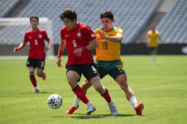 October 6, 2026, Gosford, Australia: Kwon Gimin (front) of Korea Republic football team and Miguel Di Pizio (back) of Australia football team seen in action during the U23 International Friendlies match between Australia and Korea Republic held at polytec Stadium. Final score; Australia 2:2 Korea Republic. Gosford Australia - ZUMAs197 20261006_aaa_s197_020 Copyright: xLuisxVeniegrax