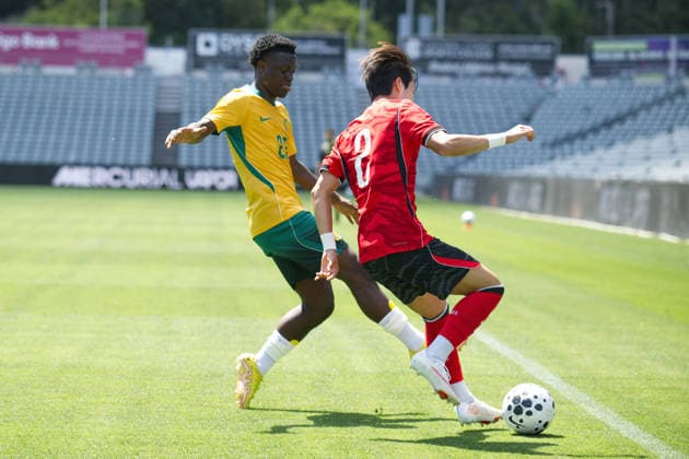 October 6, 2026, Gosford, Australia: Amlani Tatu (L) of Australia football team and Park Minjae (R) of Korea Republic football team seen in action during the U23 International Friendlies match between Australia and Korea Republic held at polytec Stadium. Final score; Australia 2:2 Korea Republic. Gosford Australia - ZUMAs197 20261006_aaa_s197_028 Copyright: xLuisxVeniegrax