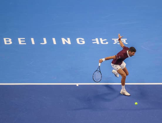 (261006) -- BEIJING, Oct. 6, 2026 -- Novak Djokovic of Serbia hits a return during the men s singles final match against Alex de Minaur of Australia at 2026 China Open tennis tournament in Beijing, China, Oct. 6, 2026. (Photo by Xinhua) (SP)CHINA-BEIJING-TENNIS-CHINA OPEN-MEN S SINGLES-FINAL(CN) MaxZihan 